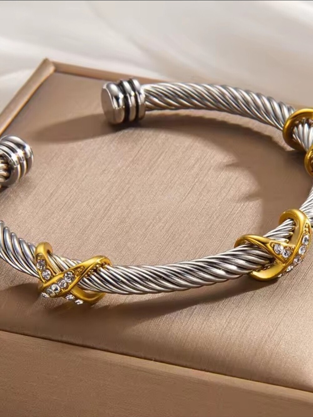 Two-Tone Silver Cable Cuff with Gold Knot Accents - Picture 3 of 4